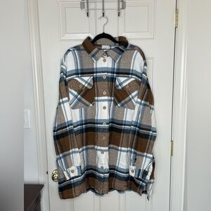 Dash da-sh 1X Plaid Oversized Flannel Shacket Brown Blue Check Button Front